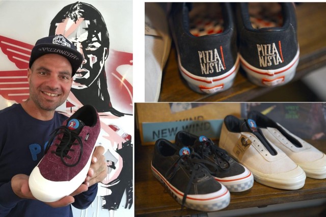 Collage of three photos: of maroon, black and white custom shoes for skateboarder Salman Agah.